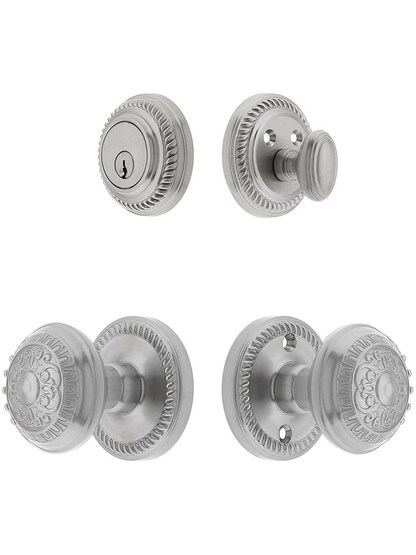 Grandeur Newport Entry Door Set, Keyed Alike with Windsor Knobs in Satin Nickel.